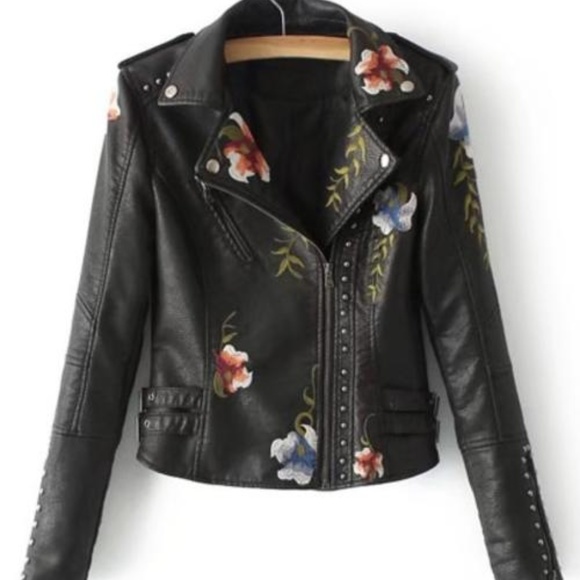 Flower Embroidery Studded Detail PU Biker Jacket - Picture 1 of 2